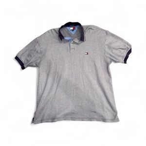 VINTAGE Tommy Hilfiger Men's Gray Houndstooth Polo Shirt Navy Collar Size Large